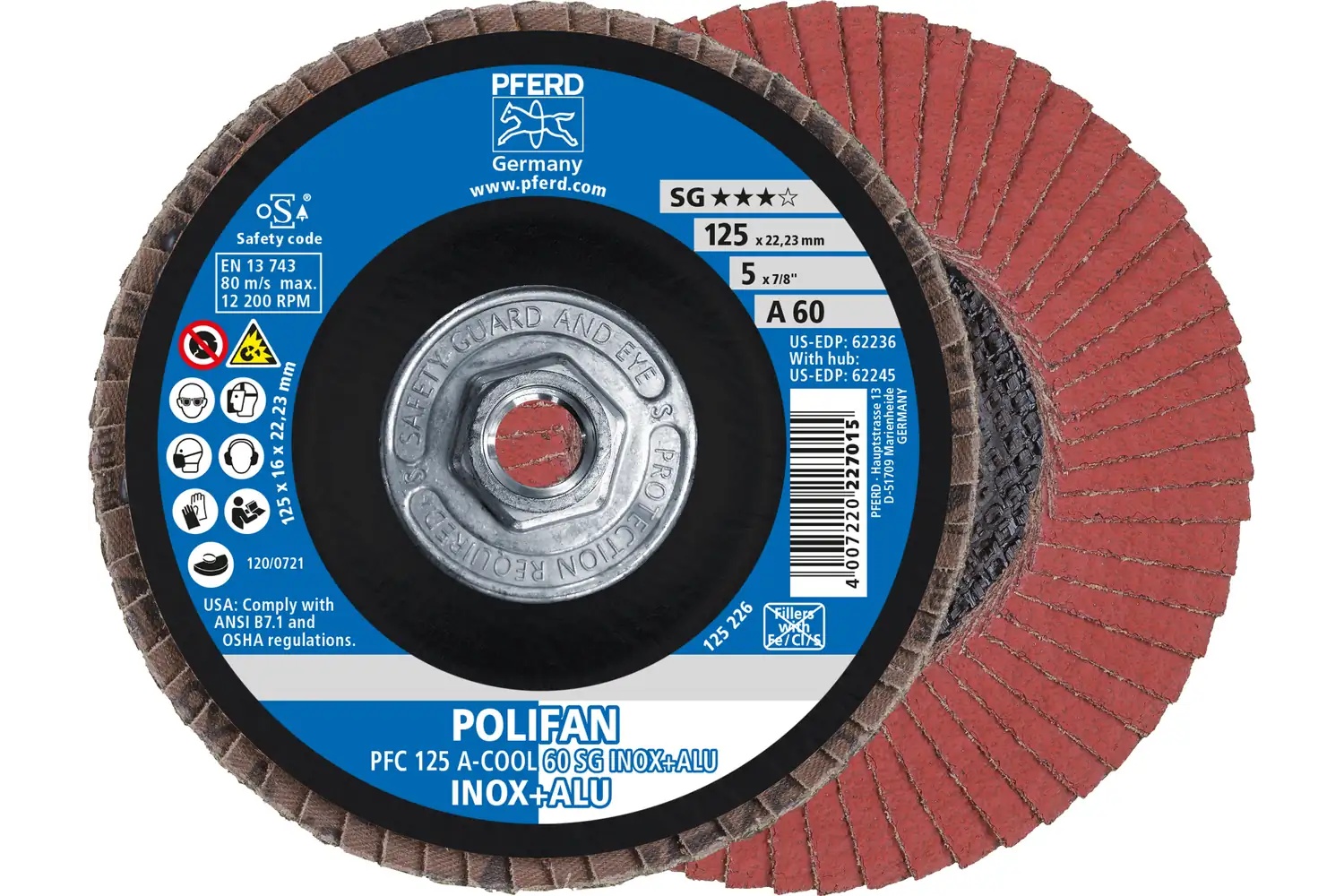 Picture of Pferd Flap Disc, 5" x 5/8-11, A-Cool SG Inox+ALU, 60 Grit ,T29, Conical, Aluminum oxide